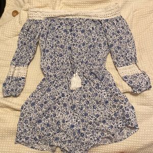 Romper, off the shoulder, blue and white, Hollister